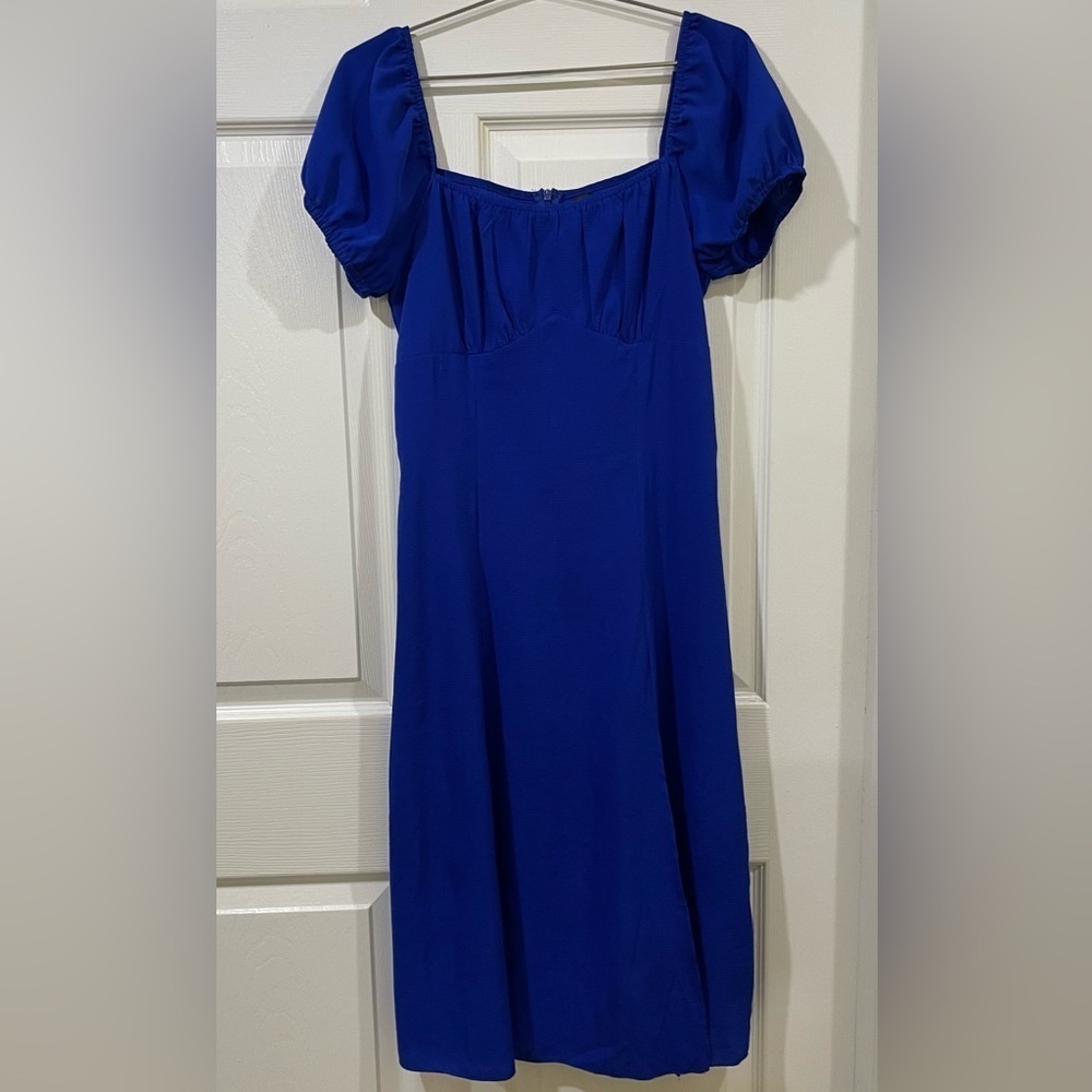 NIAY Women's Blue Solid Square Neck Puff Sleeve A-Line Midi Dress Tie Slit S